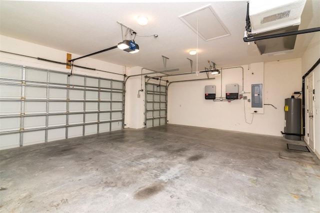 garage with electric panel, water heater, and a garage door opener