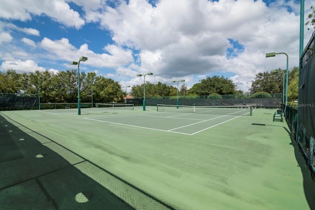 view of tennis court with fence