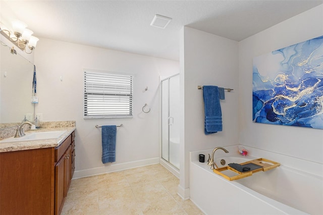 bathroom featuring vanity, tile patterned floors, and independent shower and bath