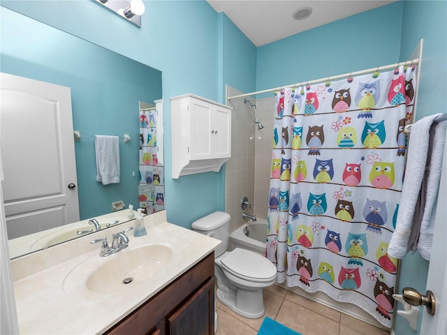 full bathroom featuring toilet, tile patterned flooring, shower / bath combination with curtain, and vanity