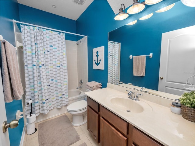 bathroom with shower / bath combo, vanity, toilet, and tile patterned floors