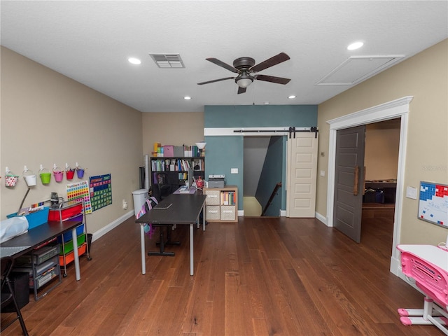 office area with recessed lighting, visible vents, a ceiling fan, wood finished floors, and baseboards