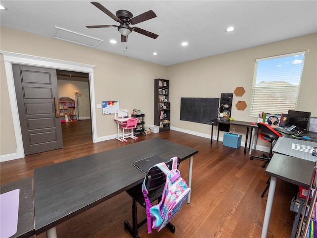 office area featuring recessed lighting, wood finished floors, a ceiling fan, baseboards, and attic access