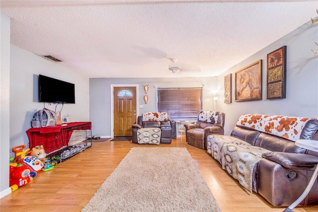 living room with a textured ceiling and hardwood / wood-style flooring