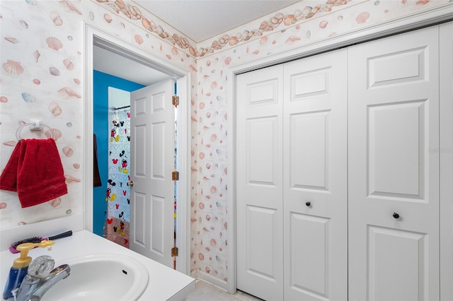 bathroom with a shower with shower curtain and vanity