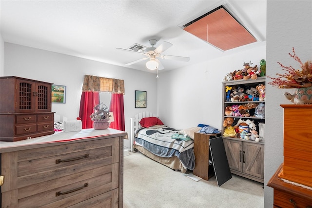 bedroom featuring ceiling fan and light colored carpet