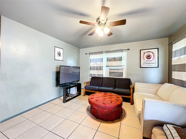 tiled living room with cooling unit and ceiling fan