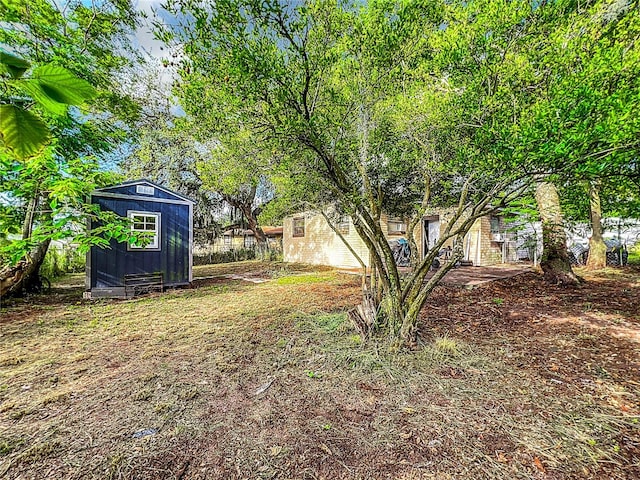 view of yard featuring a storage unit