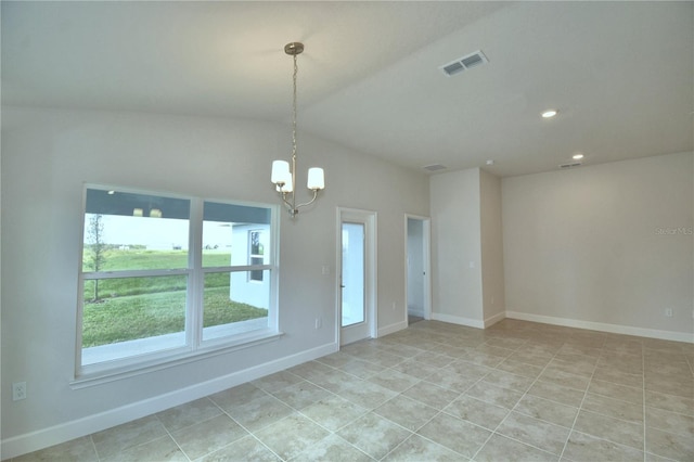 empty room featuring vaulted ceiling, light tile patterned floors, and an inviting chandelier