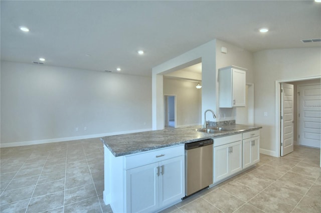 kitchen featuring stone counters, white cabinetry, dishwasher, sink, and light tile patterned flooring