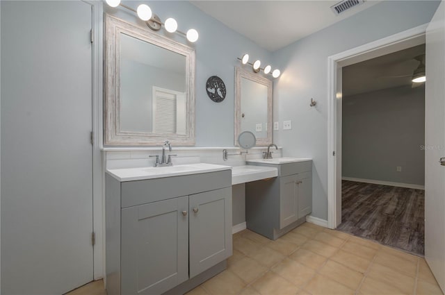 bathroom featuring ceiling fan and vanity