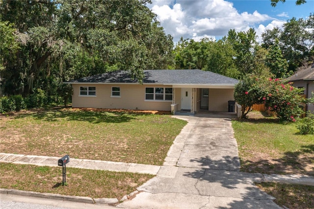 single story home featuring a front lawn and a carport