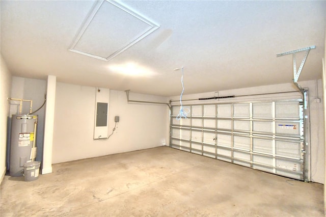 garage with water heater and electric panel