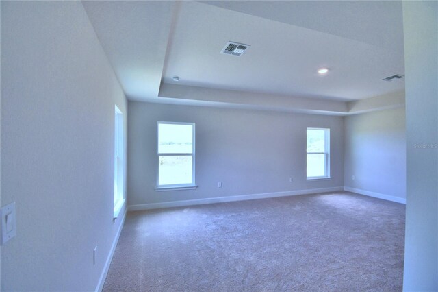 empty room with carpet floors and a raised ceiling