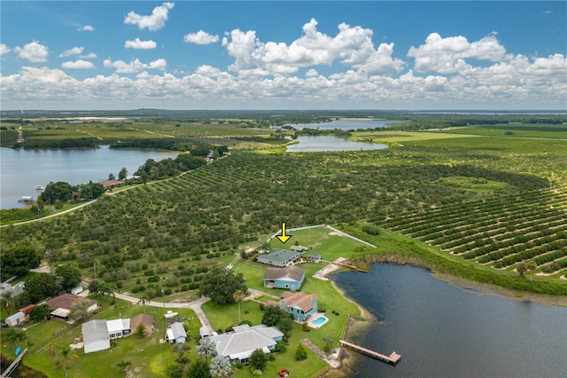 aerial view featuring a rural view and a water view