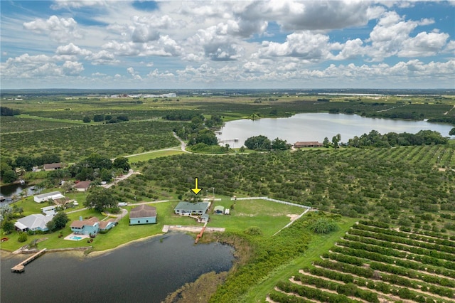 birds eye view of property featuring a rural view and a water view