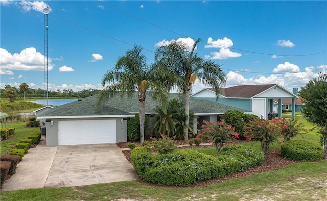 view of front of property featuring a garage and a water view