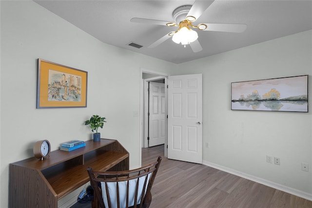 office space featuring ceiling fan and light wood-type flooring