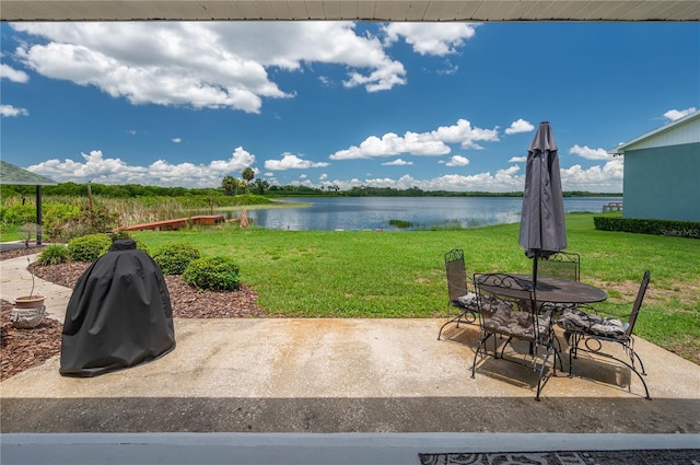 view of patio / terrace featuring a water view