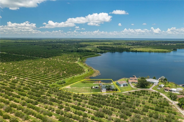 birds eye view of property with a water view and a rural view