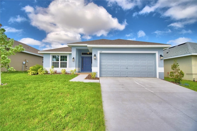 single story home featuring a front yard and a garage