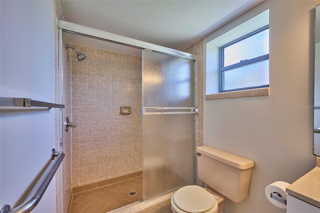 bathroom with toilet, vanity, and an enclosed shower