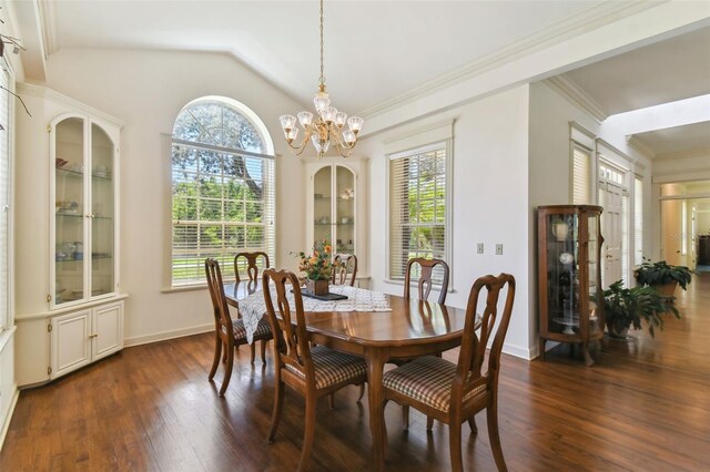 dining space with a healthy amount of sunlight, dark hardwood / wood-style floors, and a notable chandelier