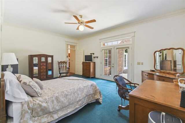 carpeted bedroom with access to exterior, french doors, ceiling fan, and ornamental molding