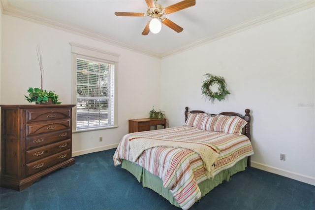 bedroom with crown molding, dark colored carpet, and ceiling fan