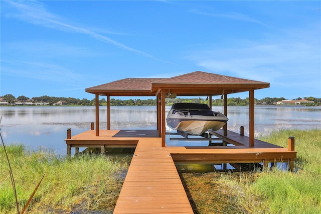 view of dock with a water view