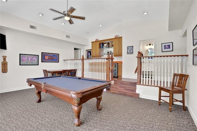 rec room with billiards, dark carpet, ceiling fan, and lofted ceiling