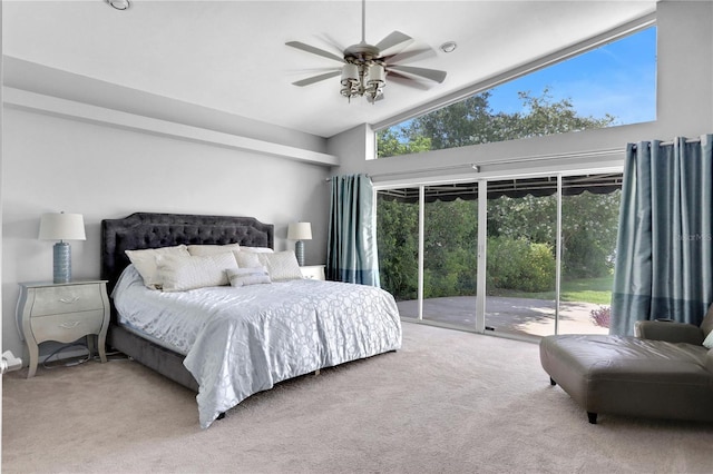 carpeted bedroom with ceiling fan, high vaulted ceiling, access to exterior, and multiple windows