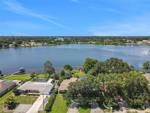 drone / aerial view with a water view