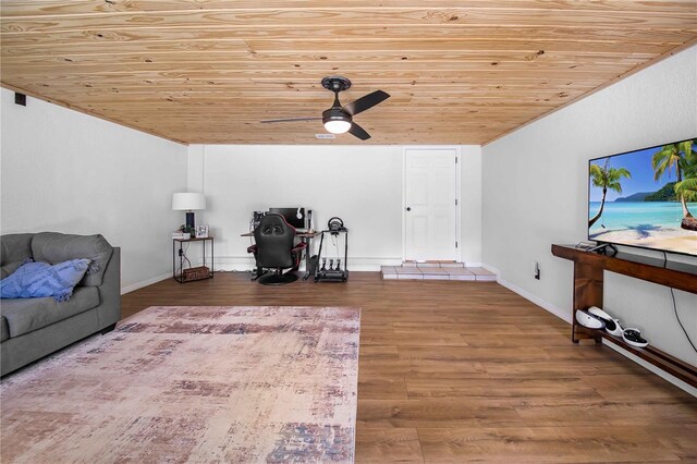 living room with wood-type flooring, wood ceiling, and ceiling fan