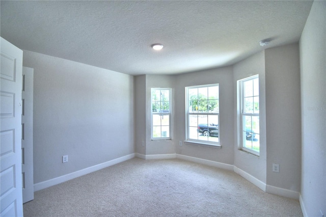 spare room featuring light carpet and a textured ceiling