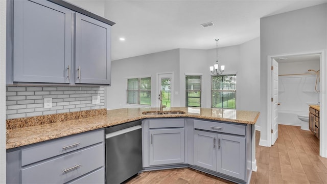 kitchen featuring decorative backsplash, sink, kitchen peninsula, stainless steel dishwasher, and gray cabinetry