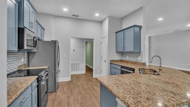 kitchen with tasteful backsplash, kitchen peninsula, sink, light hardwood / wood-style flooring, and appliances with stainless steel finishes