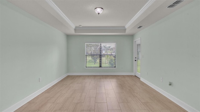 spare room featuring a raised ceiling and ornamental molding