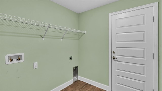 laundry room with laundry area, baseboards, dark wood-style floors, hookup for an electric dryer, and washer hookup