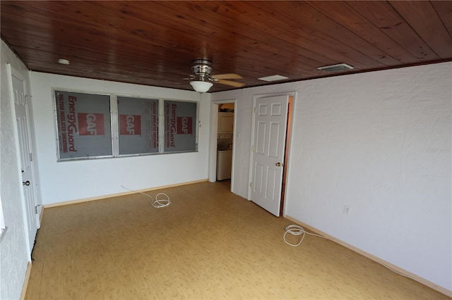 unfurnished room with hardwood / wood-style floors, wood ceiling, and ceiling fan