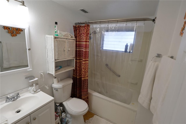 full bathroom with vanity, toilet, and shower / bathtub combination with curtain