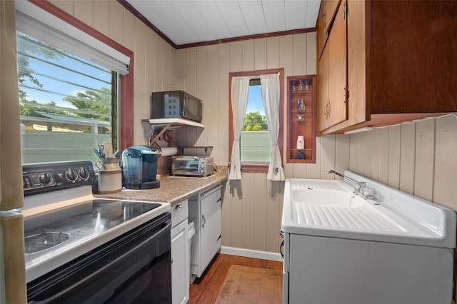 laundry room with sink, crown molding, light hardwood / wood-style flooring, and wood walls