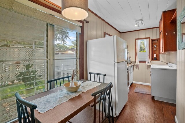 kitchen with dark hardwood / wood-style floors, white refrigerator, and ornamental molding