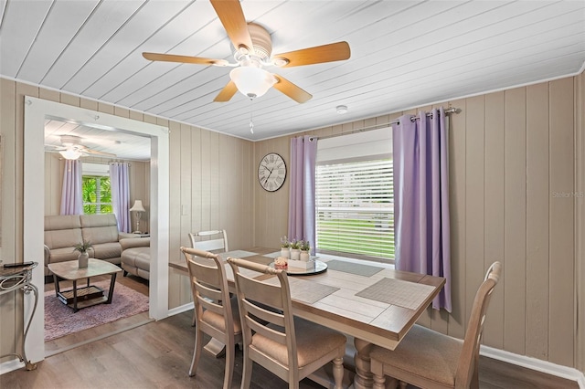 dining room featuring hardwood / wood-style flooring, plenty of natural light, and wood ceiling