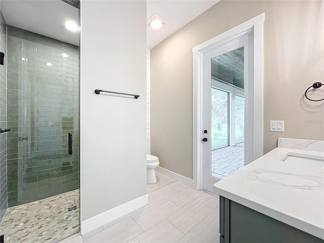 bathroom with vanity, toilet, and a shower with shower door