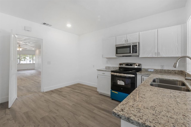 kitchen with white cabinetry, light hardwood / wood-style floors, sink, and electric range