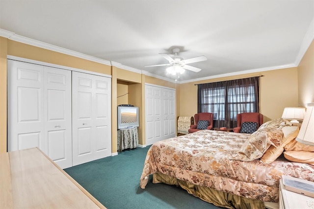 carpeted bedroom featuring two closets, ceiling fan, and crown molding