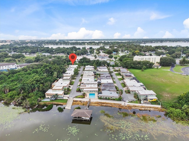 aerial view featuring a water view