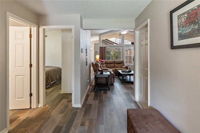 corridor featuring a textured ceiling, dark hardwood / wood-style flooring, and lofted ceiling