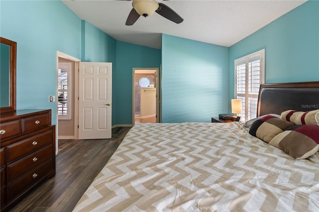 bedroom featuring ensuite bathroom, ceiling fan, lofted ceiling, and dark hardwood / wood-style floors